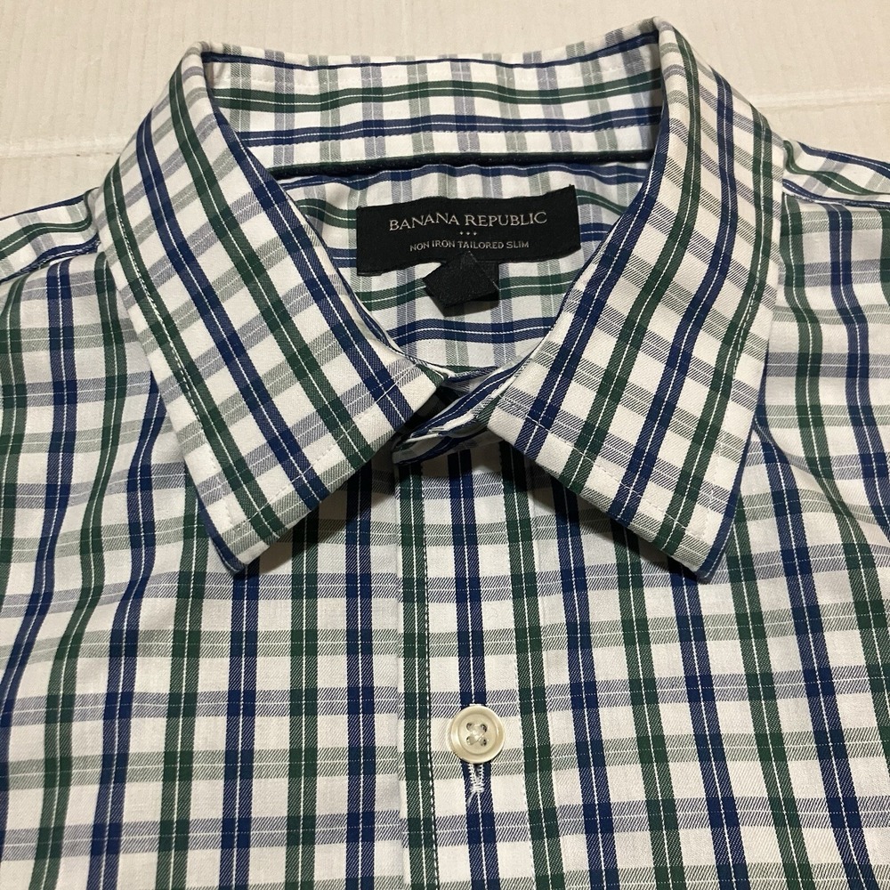 Banana Republic Plaid Check dress shirt non iron slim Mens Size Medium 15 Casual